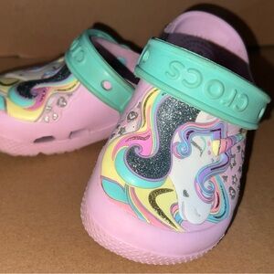 Crocs Girls Fun Lab Pink Glitter Unicorn Clog Sandals Slip-On Size C 8 kid child